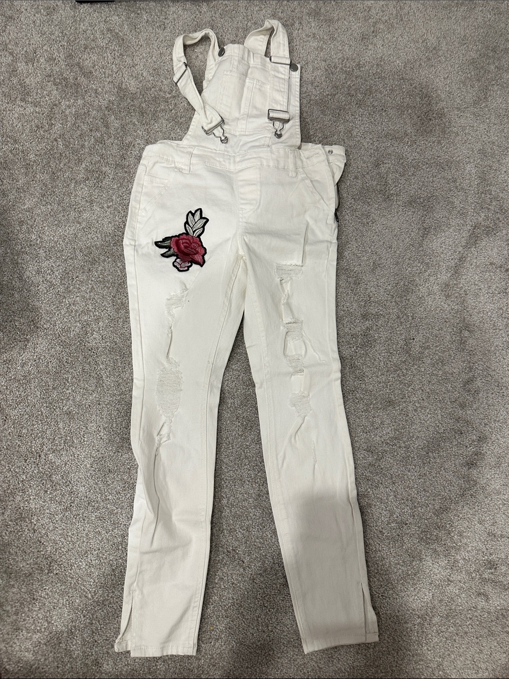 Dollhouse White Women's Distressed Denim Overalls with Rose Patch